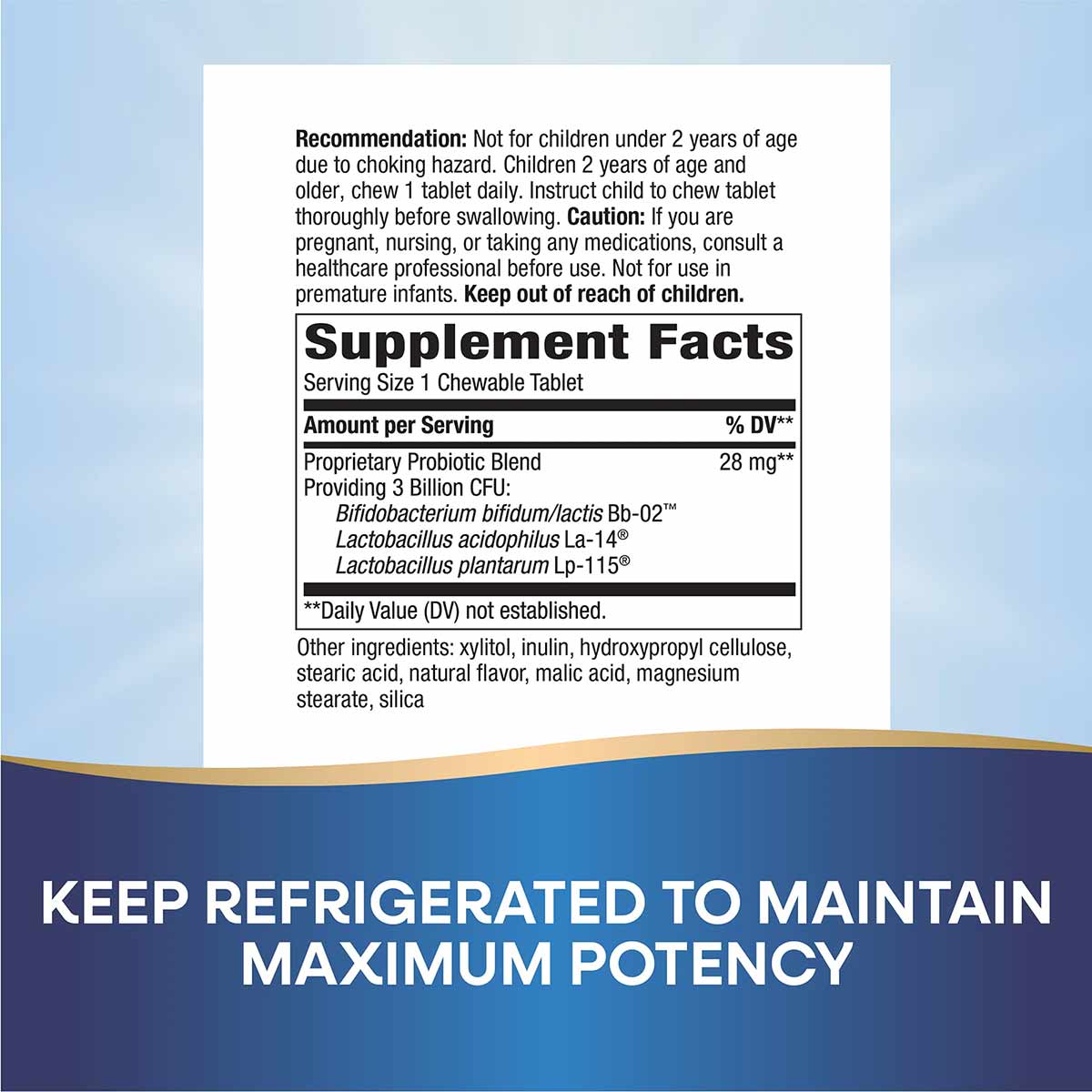 Supplement facts label for probiotic chewable tablets with usage recommendations and ingredient list.