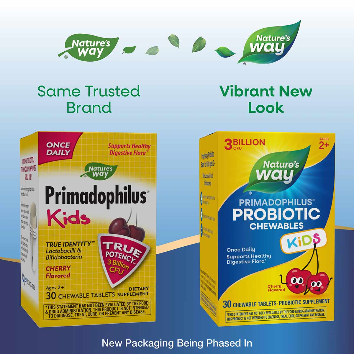 Two Primadophilus Kids probiotic chewable tablet packages side by side showing old and new yellow packaging designs with cher
