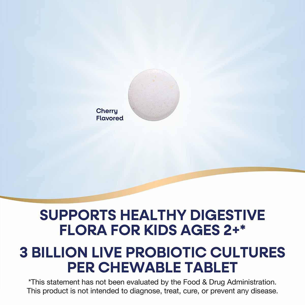 Cherry-flavored probiotic chewable tablet, round white pill on light blue background.