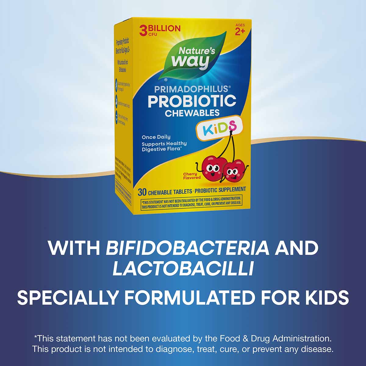 Primadophilus Kids probiotic chewables bottle with yellow and blue packaging, cherry flavor, 30 tablets, age 2+.
