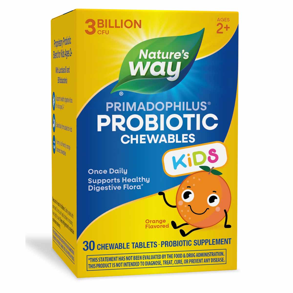 Nature's Way Primadophilus Kids probiotic chewables box with orange-flavored tablets, ages 2+, 30 count.