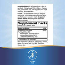 Supplement Facts label for Primadophilus Kids probiotic chewable tablets with usage recommendations and gluten-free certifica