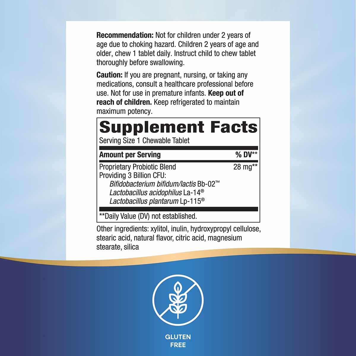 Supplement Facts label for Primadophilus Kids probiotic chewable tablets with usage recommendations and gluten-free certifica