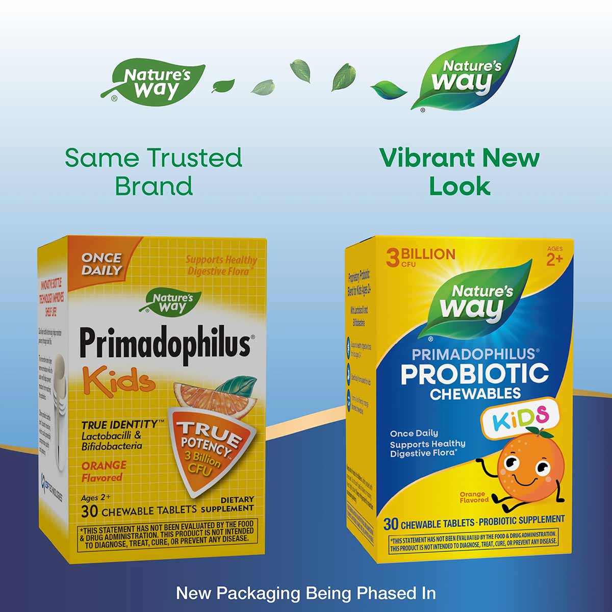 Two Primadophilus Kids probiotic supplement bottles showing old yellow packaging on left and new blue and yellow packaging on