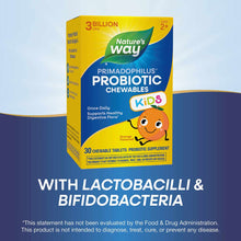 Nature's Way Primadophilus Kids probiotic chewable tablets in orange flavor, 30-count box for ages 2+.
