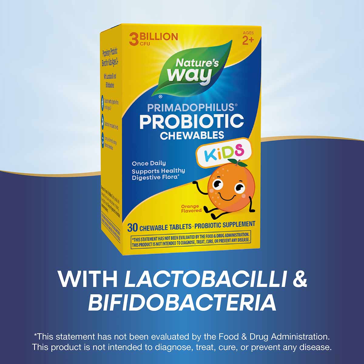 Nature's Way Primadophilus Kids probiotic chewable tablets in orange flavor, 30-count box for ages 2+.