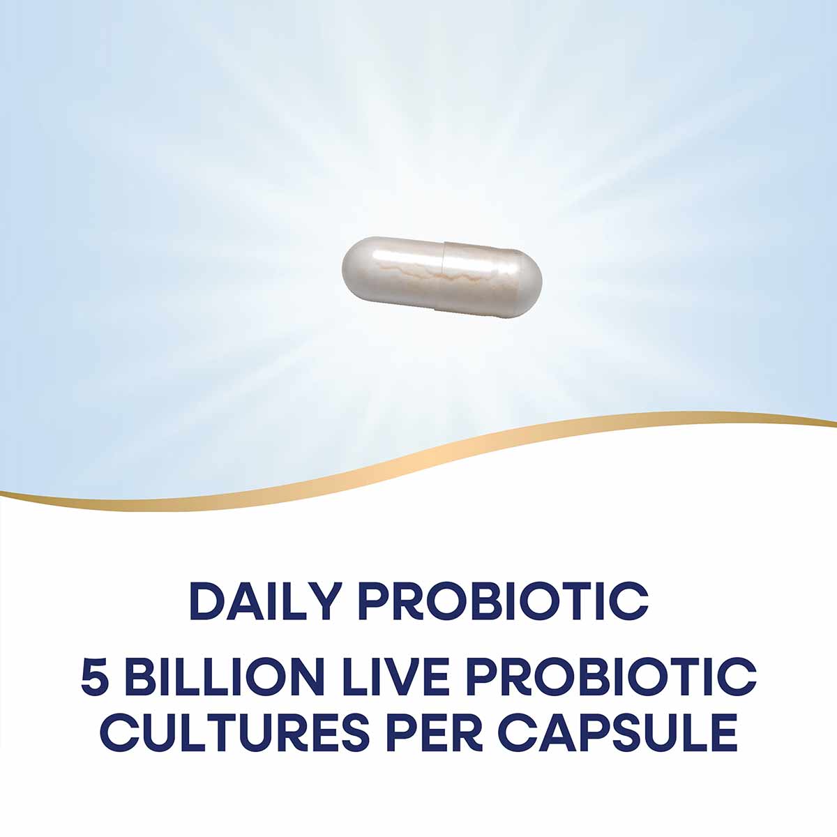 Silver probiotic capsule against light blue sky background with gold wave accent and text describing daily probiotic formula.