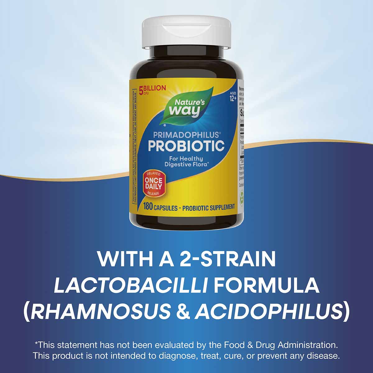 Nature's Way Primadophilus Original probiotic supplement bottle with white cap, yellow and blue label, 180 capsules.
