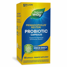 Nature's Way Primadophilus Reuteri probiotic capsules box with yellow and blue design, 90 capsules.