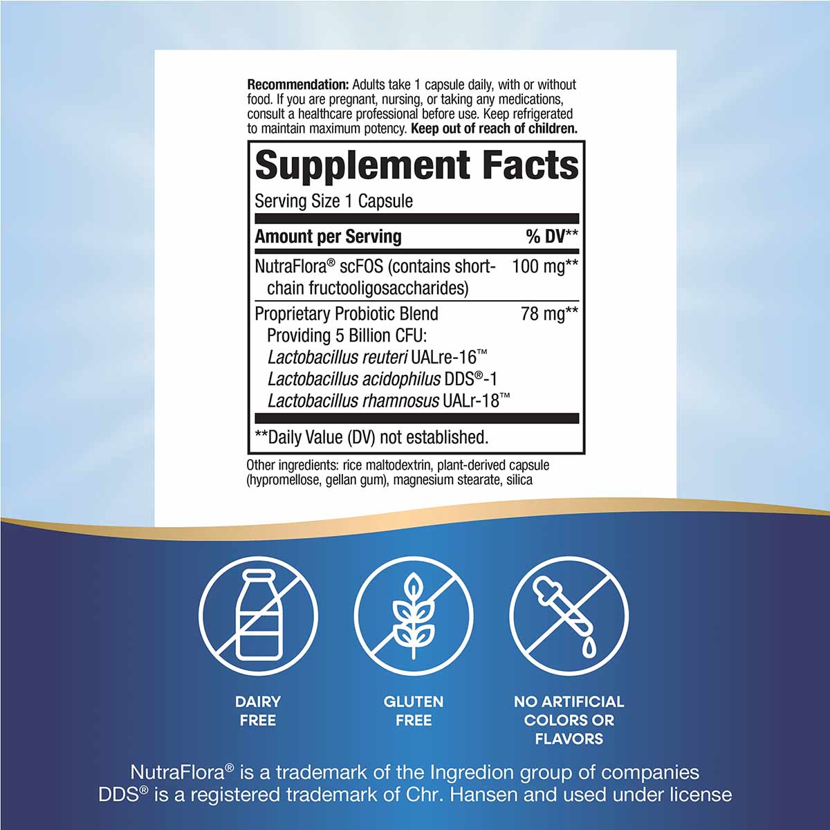 Supplement facts label showing probiotic capsule serving information, with dairy-free, gluten-free, and no artificial colors 