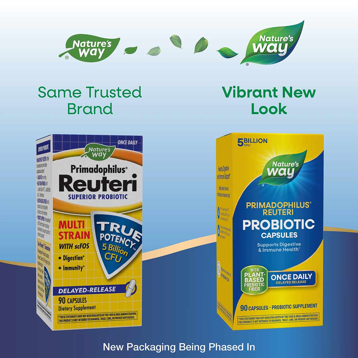 Two versions of Primadophilus Reuteri probiotic capsule bottles showing old and new packaging designs side by side.