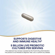 Single tan-colored probiotic capsule on light blue background with gold curved line design element.