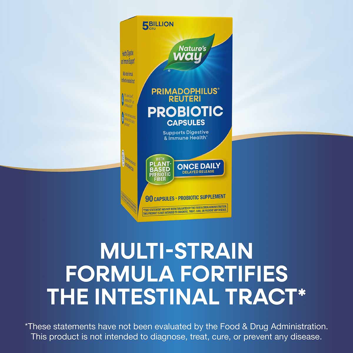 Nature's Way Primadophilus Reuteri probiotic capsules box with yellow and blue packaging, 90 capsules.