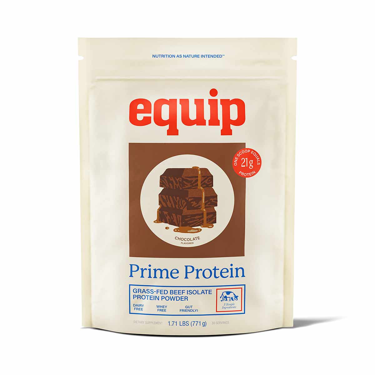 A cream pouch of Equip Prime Protein chocolate grass-fed beef isolate powder with a brownie illustration and 21g badge.