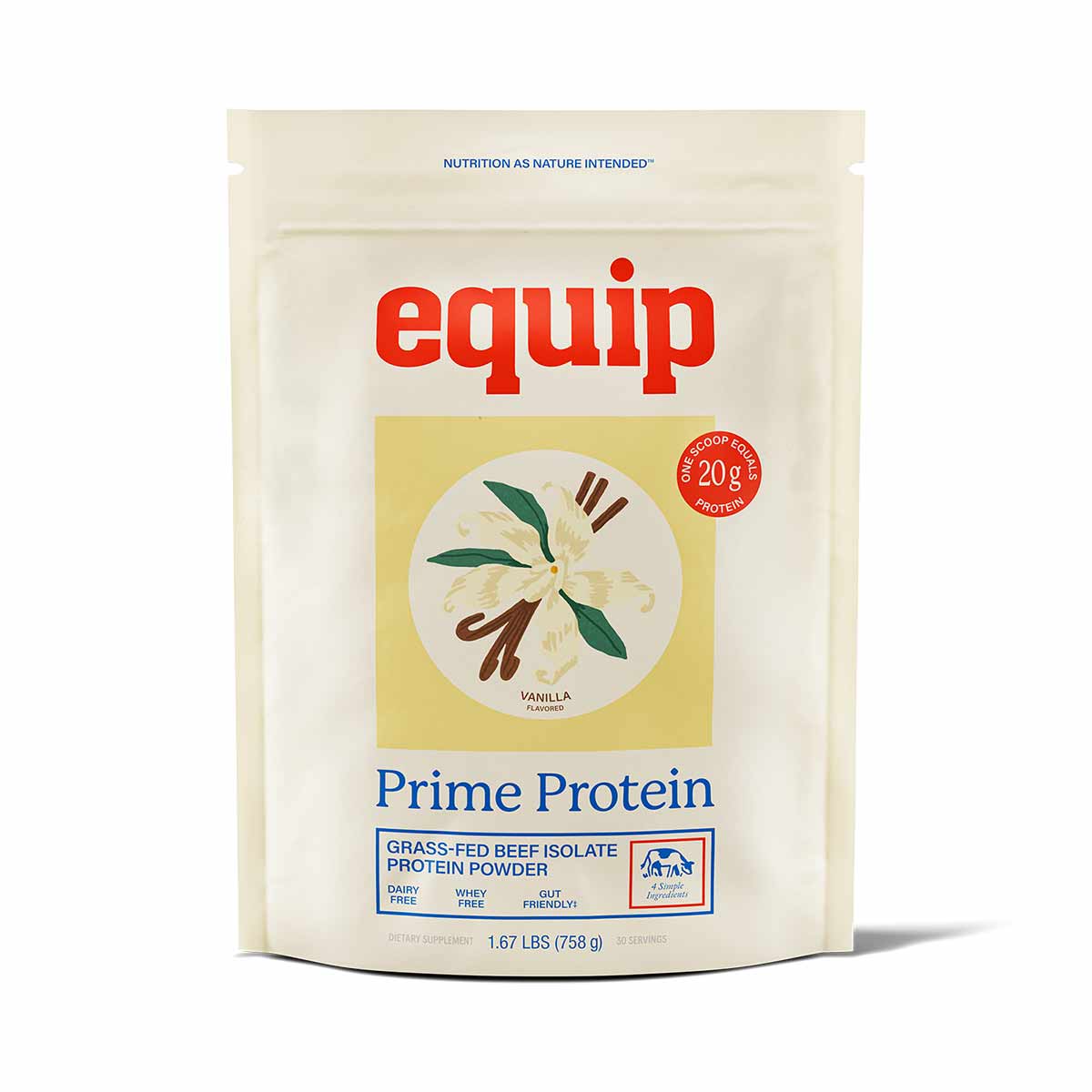 A cream-colored pouch of Equip Prime Protein vanilla grass-fed beef isolate powder with a vanilla flower illustration and a 20g protein badge.