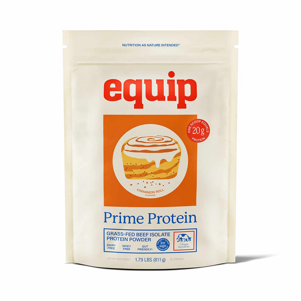 A cream pouch of Equip Prime Protein grass-fed beef isolate powder in cinnamon roll flavor, with a cinnamon roll illustration on an orange panel.