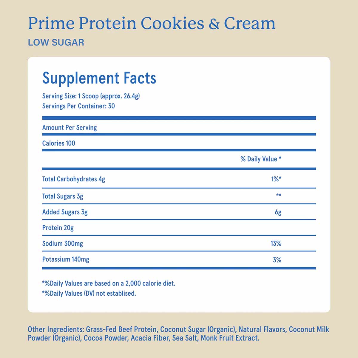 Supplement facts panel for Cookies & Cream low sugar protein powder listing 100 calories, 20g protein, and 30 servings per container.