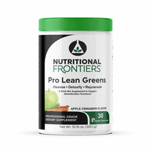 Nutritional Frontiers Pro Lean Greens powder in apple cinnamon flavor, 10.76 oz container with green lid.