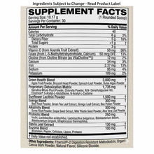 Supplement facts label for Pro Lean Greens drink mix showing nutritional information, ingredient blends, and serving details.