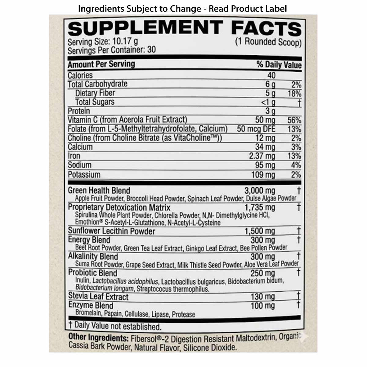Supplement facts label for Pro Lean Greens drink mix showing nutritional information, ingredient blends, and serving details.
