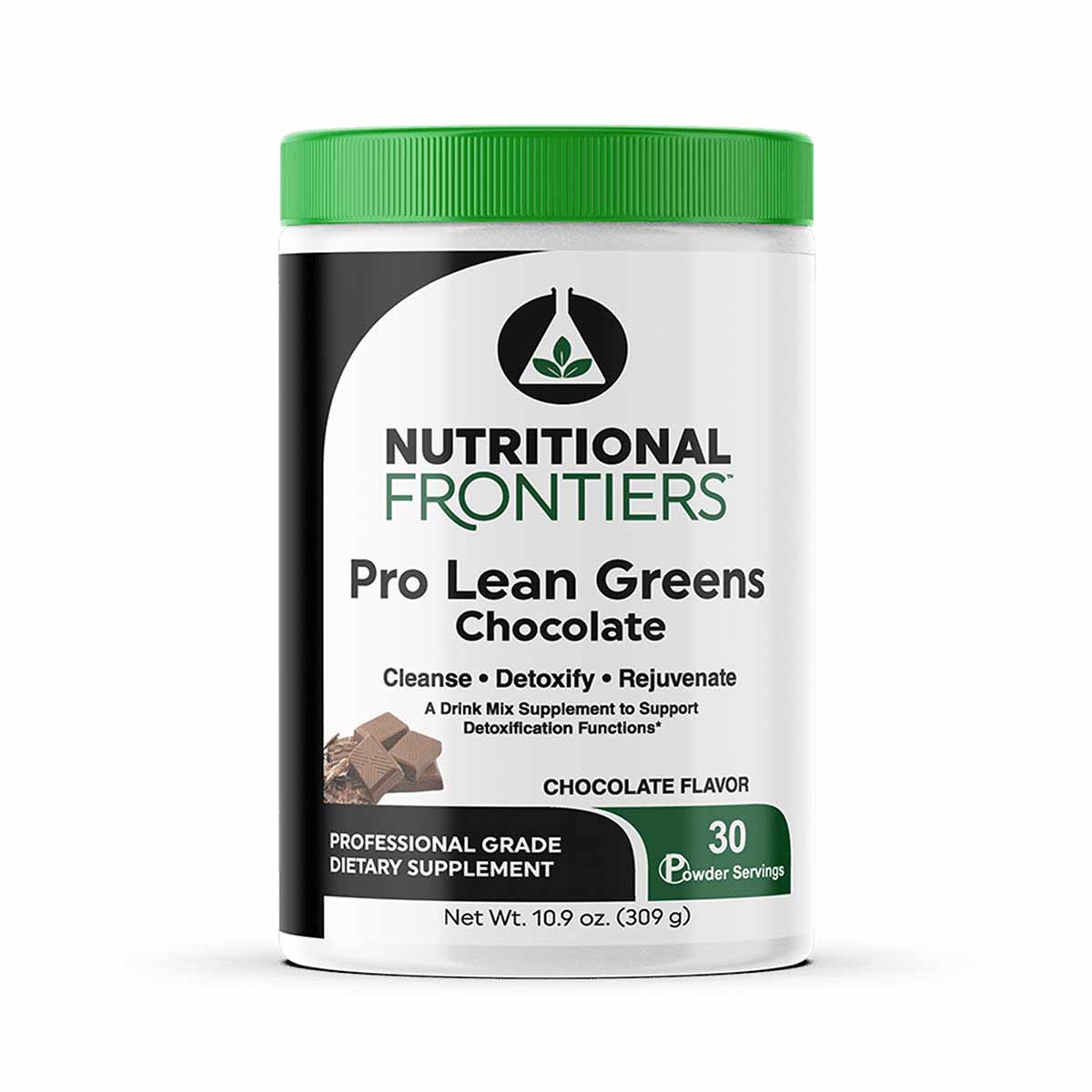 Green and white container of Pro Lean Greens Chocolate drink mix powder by Nutritional Frontiers with green lid, 10.9 oz.