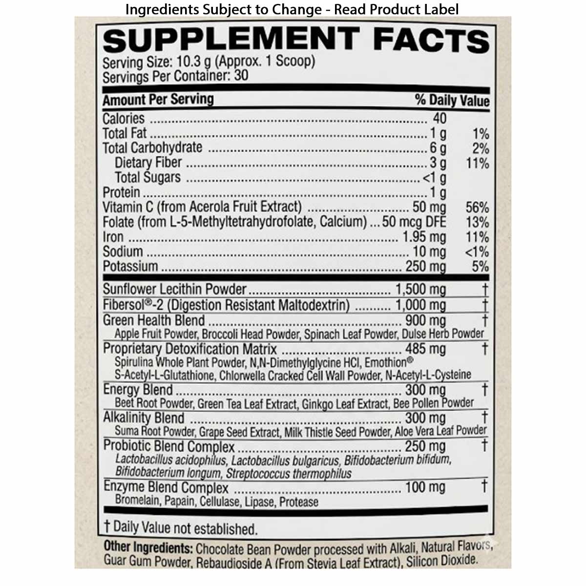 Supplement Facts label for Pro Lean Greens Drink Mix showing nutritional information, ingredients, and serving size of 10.3g.