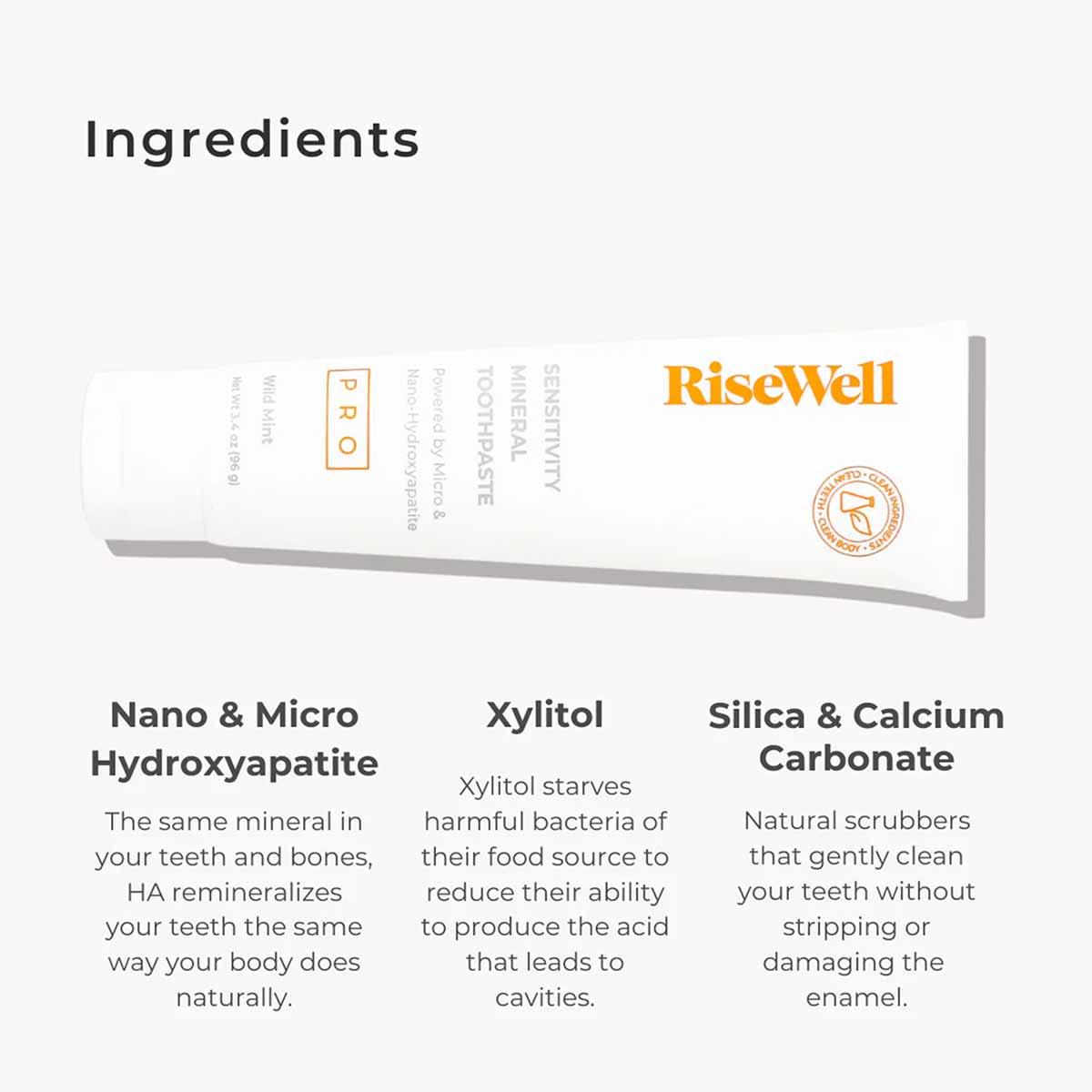 RiseWell PRO Mineral Toothpaste tube showing ingredients panel with Nano & Micro Hydroxyapatite, Xylitol, and Silica & Calciu