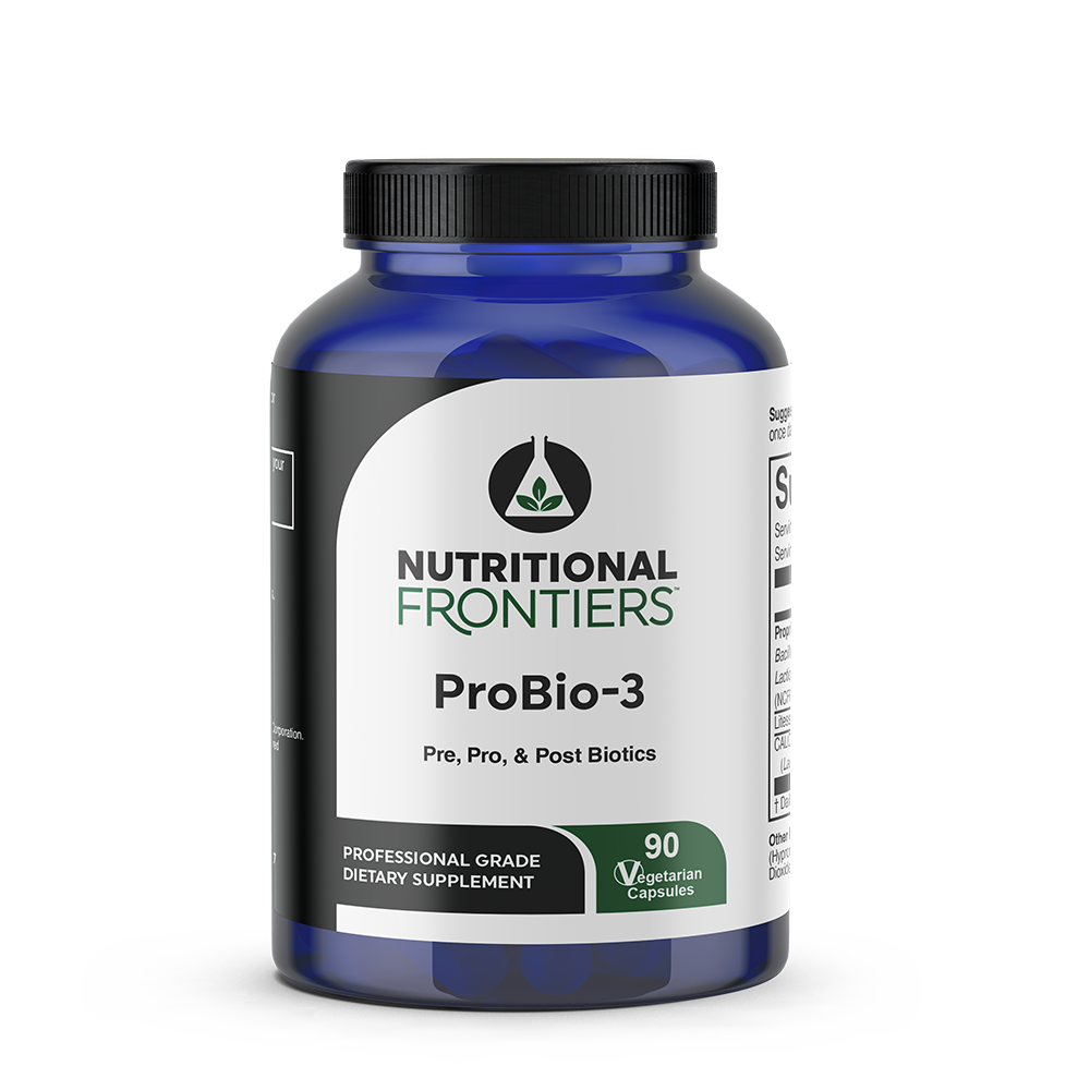 Blue dietary supplement bottle of ProBio-3 by Nutritional Frontiers containing 90 vegetarian capsules with black cap.