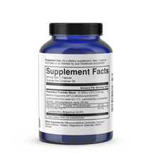 Blue supplement bottle with black cap and white label showing ProBio-3 supplement facts and ingredients.