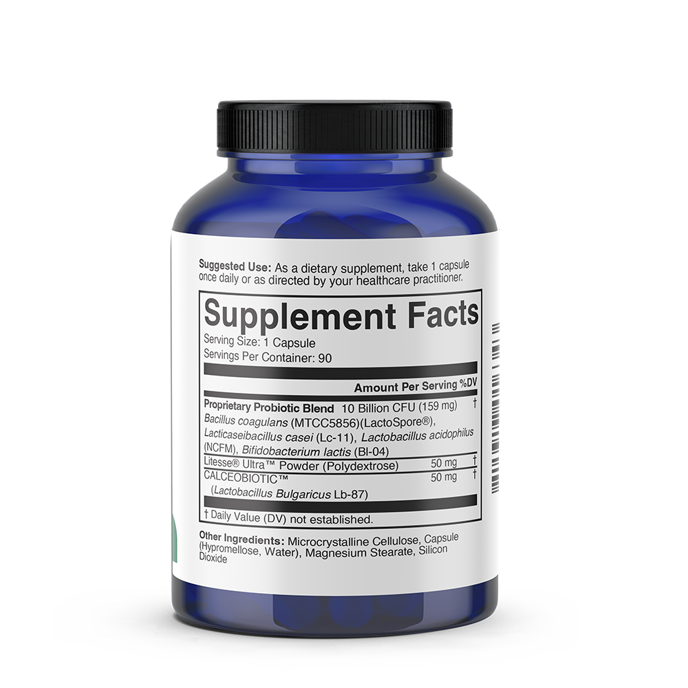 Blue supplement bottle with black cap and white label showing ProBio-3 supplement facts and ingredients.