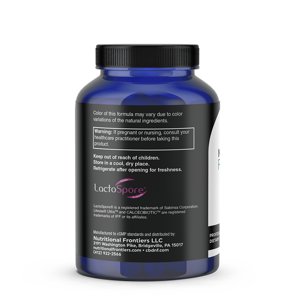 Blue capsule bottle with black ribbed cap labeled ProBio-3 by Nutritional Frontiers, containing product information and warni