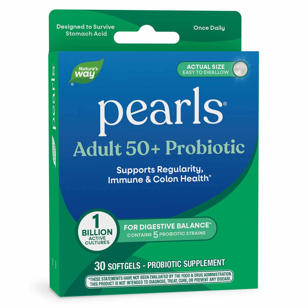Nature's Way Probiotic Pearls Adult 50+ supplement package containing 30 softgels.