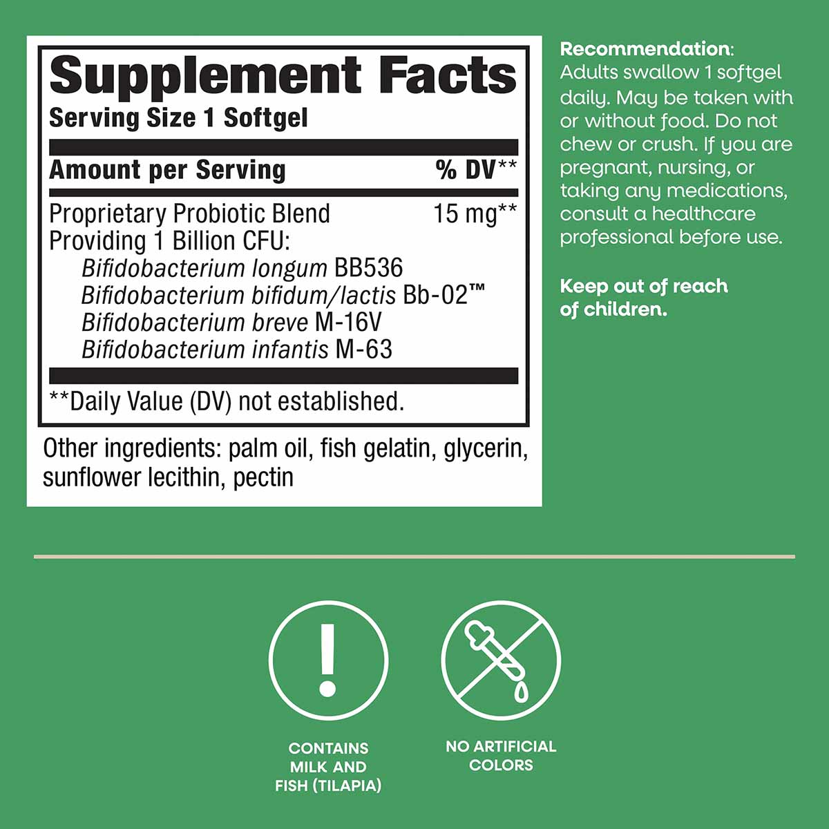 Supplement facts label for probiotic softgel showing 15 mg proprietary probiotic blend with 1 billion CFU per serving and usa