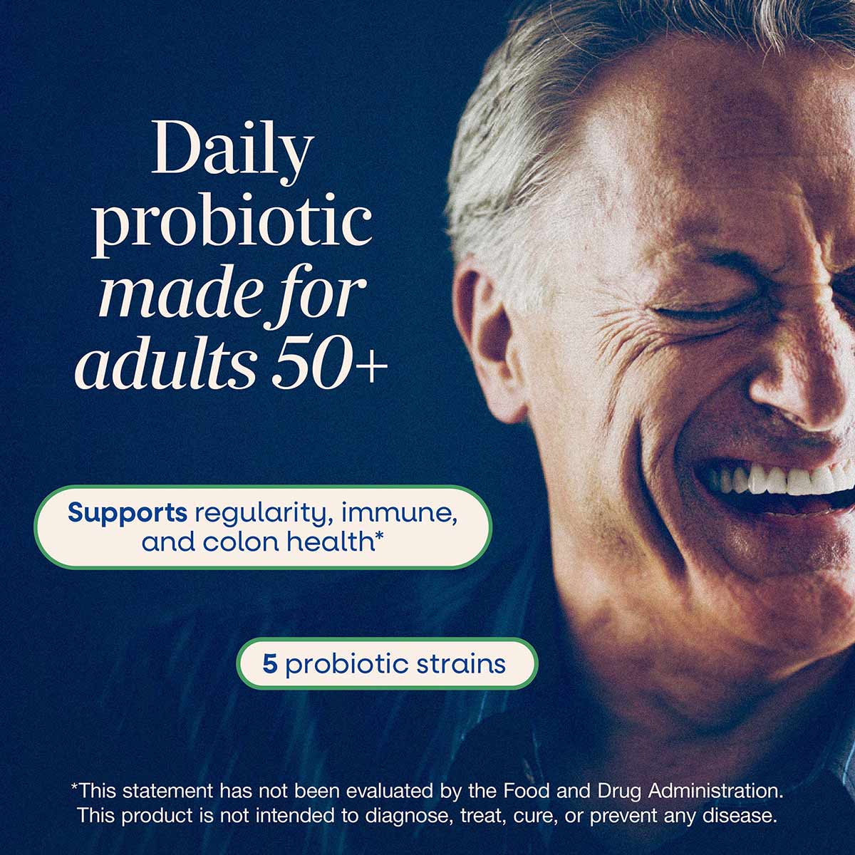 Older man smiling against blue background with text describing daily probiotic supplement for adults 50+.