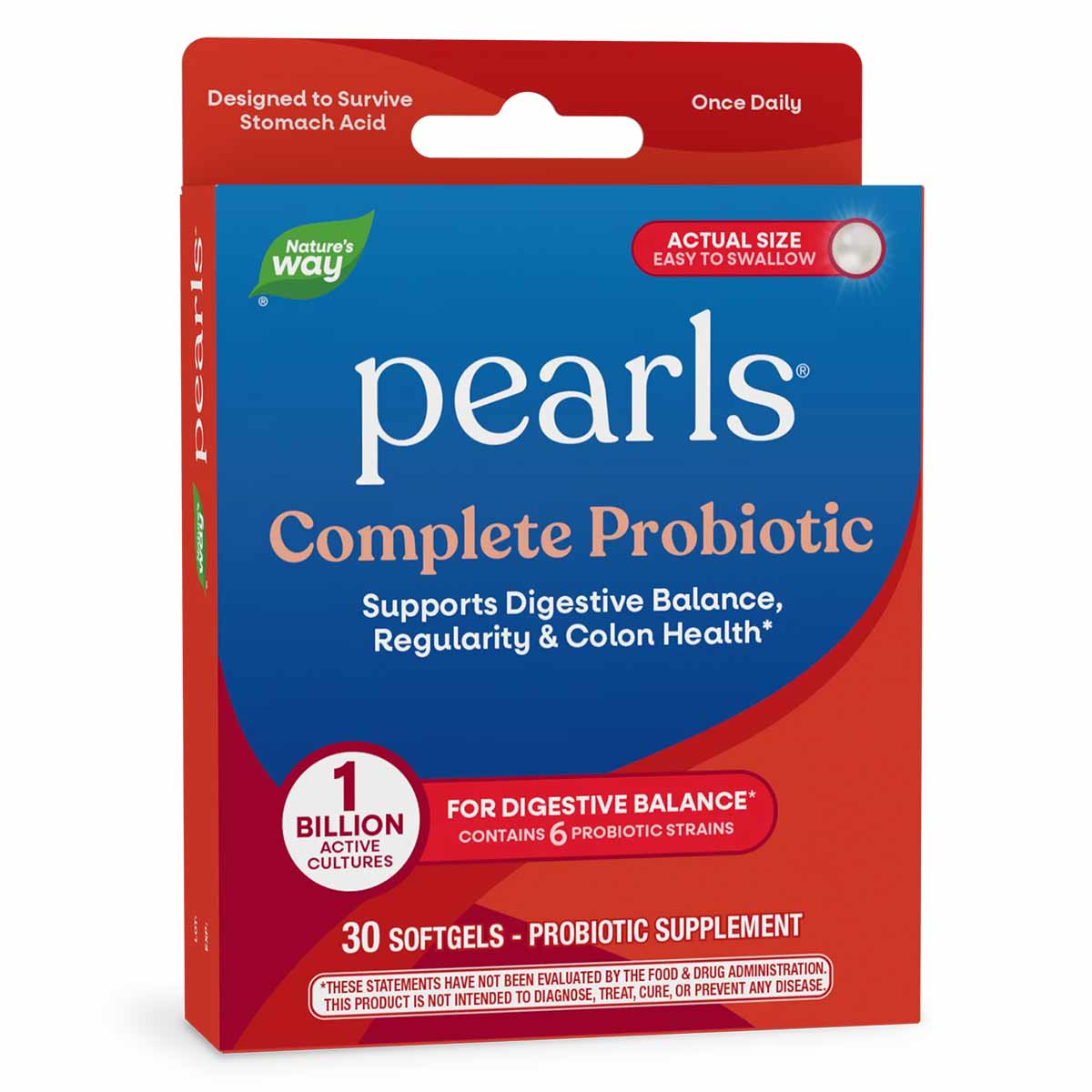 Natures Way Probiotic Pearls Complete package with red and blue design containing 30 softgels.