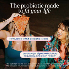 Two women holding pizza slice with text about probiotic supplement benefits and ingredients.