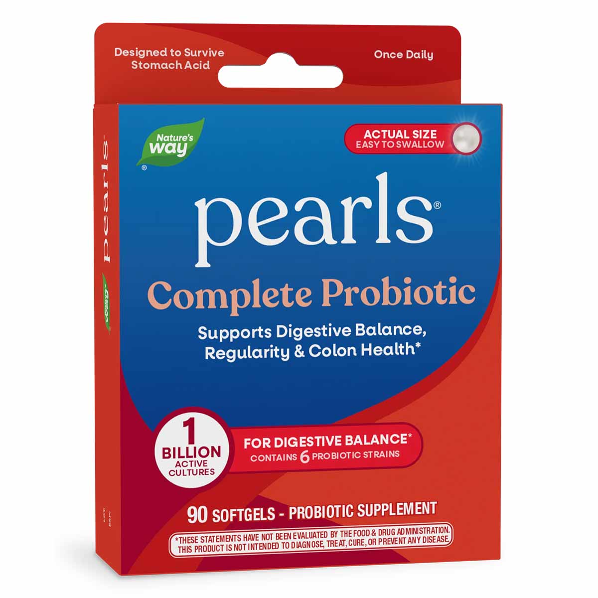 Probiotic Pearls Complete supplement package by Nature's Way containing 90 softgels with one billion active cultures.