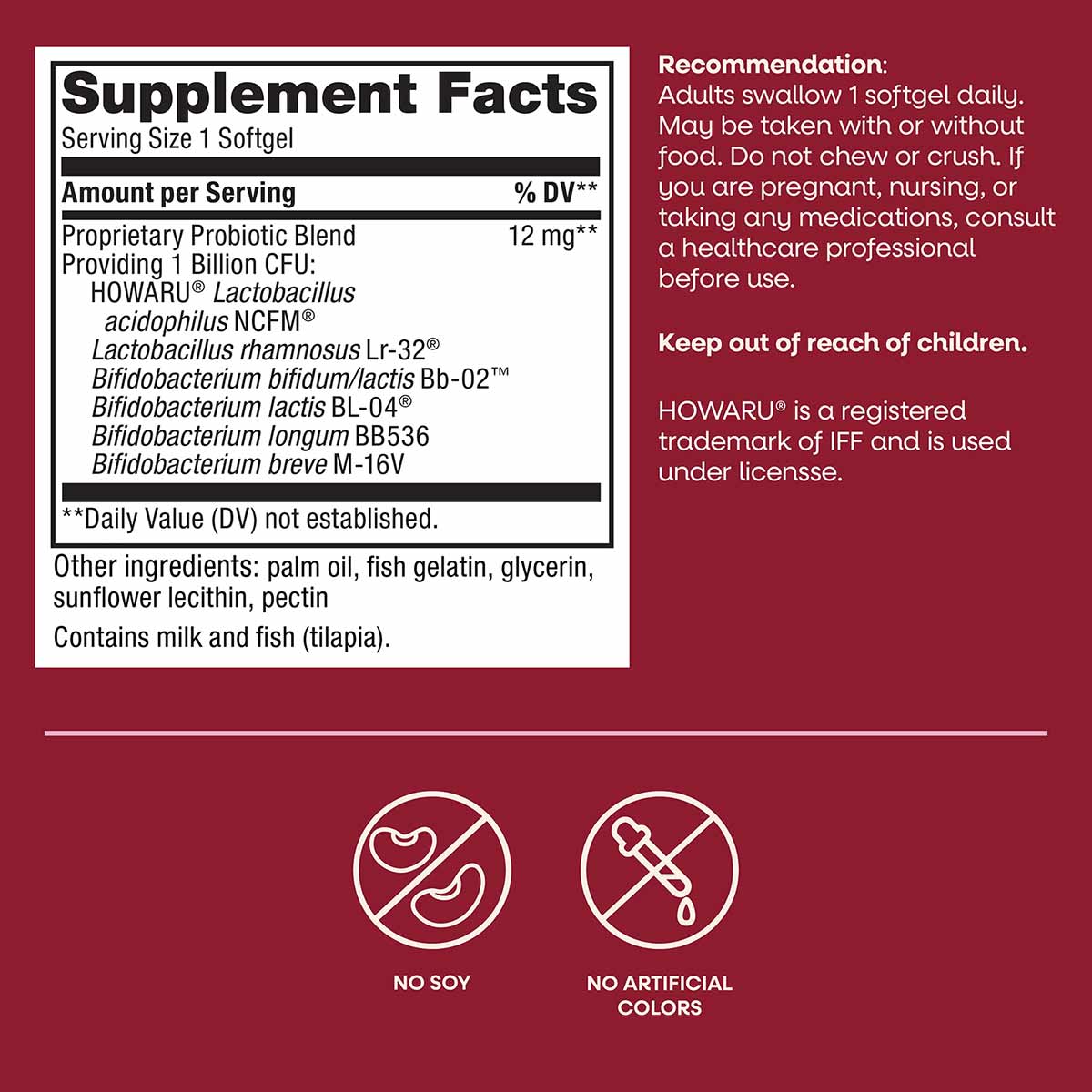 Supplement Facts label for Probiotic Pearls Complete showing 1 billion CFU probiotic blend per softgel with usage recommendat