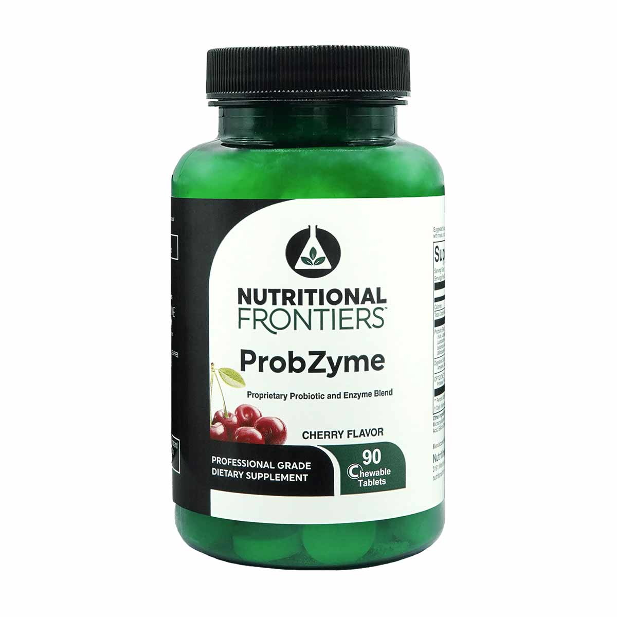 ProbZyme by Nutritional Frontiers green bottle with black cap containing 90 cherry flavor chewable tablets.