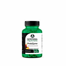 Green bottle of ProbZyme dietary supplement by Nutritional Frontiers with black cap and white label, containing chewable tabl