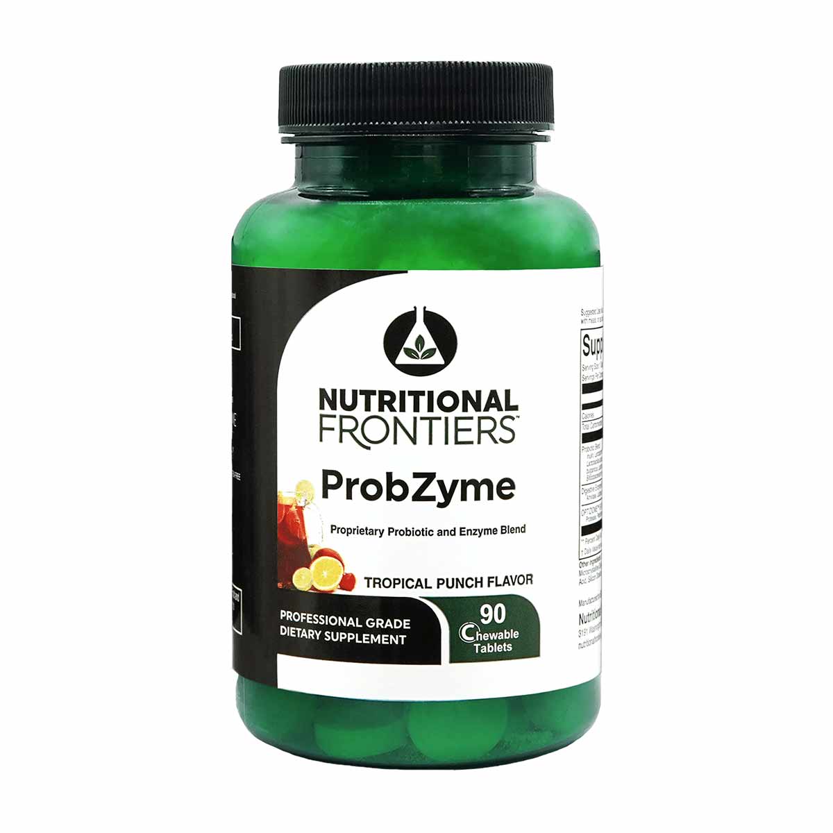 Green bottle of ProbZyme probiotic and enzyme supplement with black cap, 90 chewable tablets, tropical punch flavor.