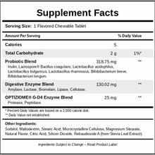 Supplement Facts label for ProbZyme chewable tablet listing probiotic blend, digestive enzymes, and ingredients.
