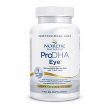 White bottle of Nordic Naturals ProDHA Eye fish oil supplement with white cap and blue and gold label.