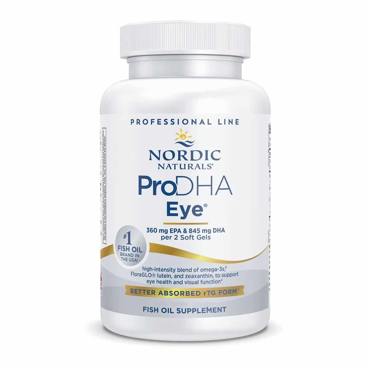 White bottle of Nordic Naturals ProDHA Eye fish oil supplement with white cap and blue and gold label.