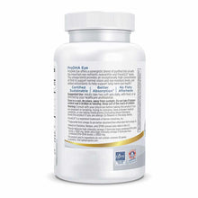 White bottle of ProDHA Eye supplement with white screw-top lid and gold accent band, displaying product label and certificati