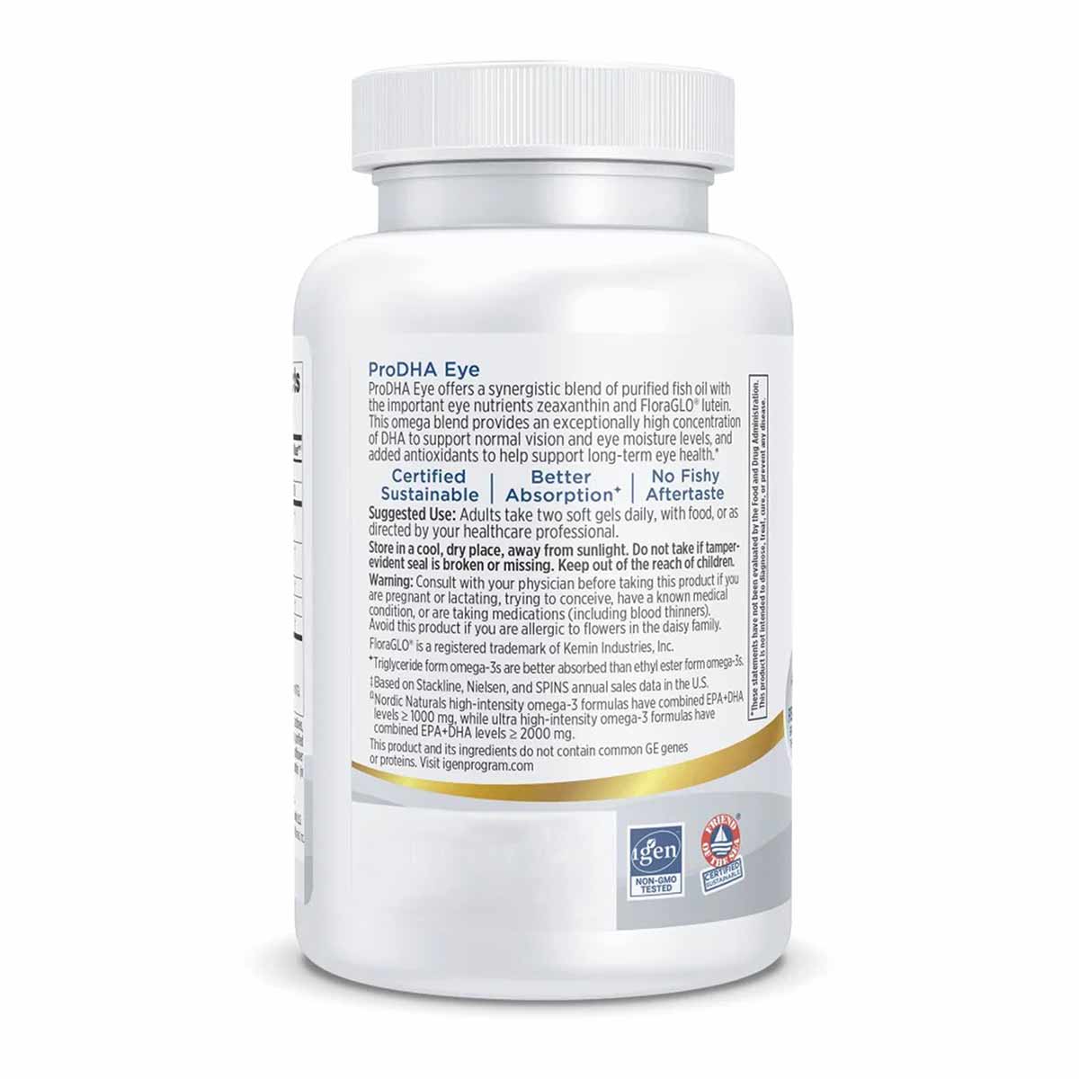 White bottle of ProDHA Eye supplement with white screw-top lid and gold accent band, displaying product label and certificati