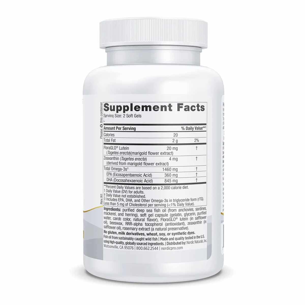 White supplement bottle with white cap displaying Supplement Facts label listing omega-3s, lutein, and zeaxanthin ingredients