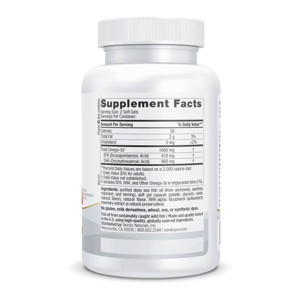 White supplement bottle with white screw-top cap displaying Supplement Facts label for ProDHA Xtra with omega-3 information.