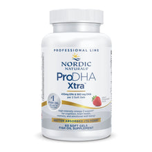 White bottle of Nordic Naturals ProDHA Xtra fish oil supplement with white cap, strawberry flavor label, 60 soft gels.