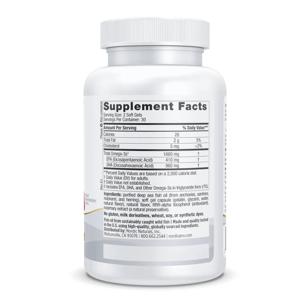 White bottle of ProDHA Xtra softgels by Nordic Naturals with supplement facts label showing omega-3 content.